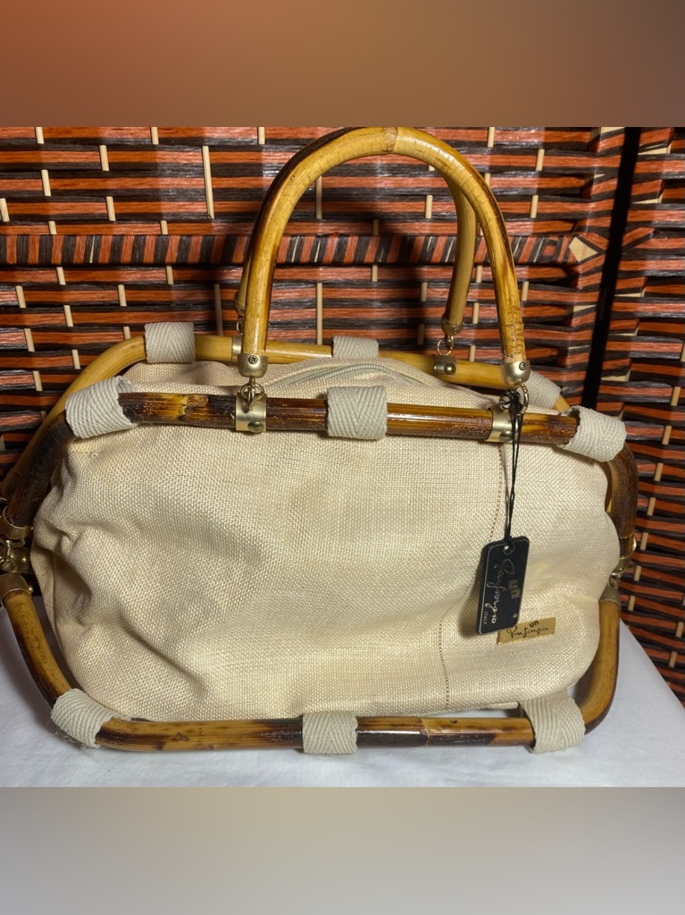 Canvas Tote Bag with Bamboo Frame - Cream